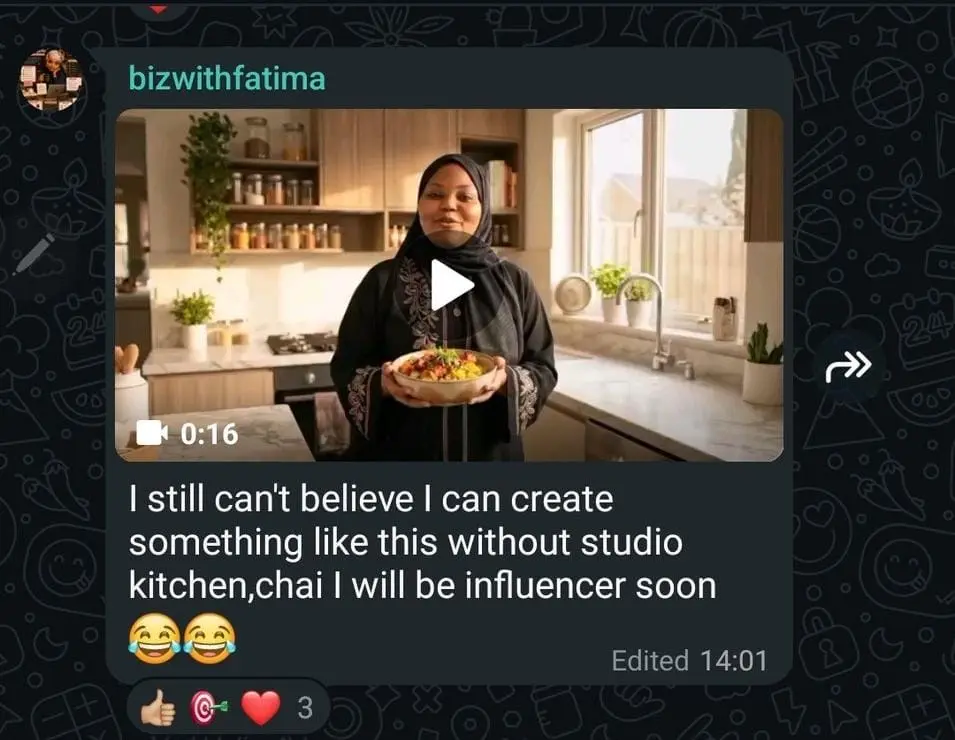 Fatima’s clear WhatsApp reaction to her AI food video