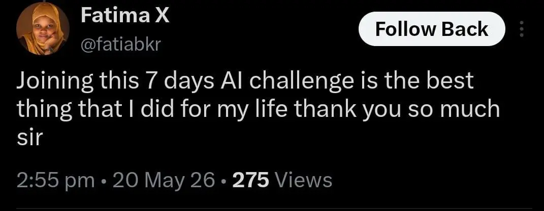 Fatima’s clear X testimonial about the AI challenge