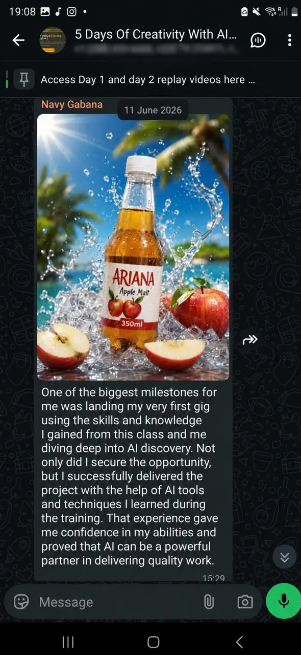 Navy Gabana’s WhatsApp message about delivering his first AI design project