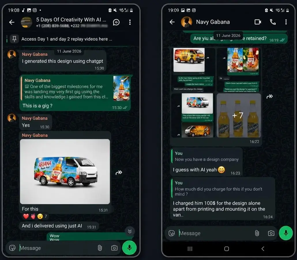 WhatsApp screenshots showing Navy Gabana’s Ariana Apple Malt designs and $100 fee