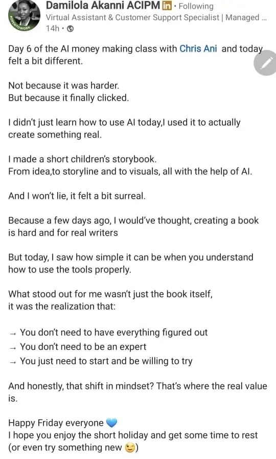 Damilola Akanni’s post describing how she created a children’s storybook with AI