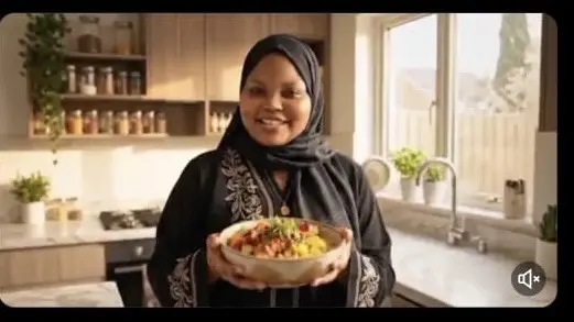 Hausa-language AI food video thumbnail created by Fatima