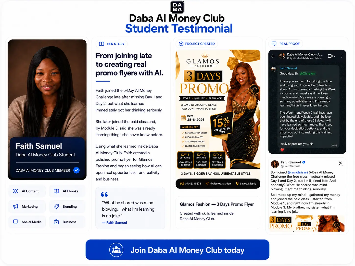Faith Samuel Daba AI Money Club student testimonial and project proof